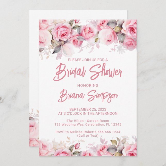 Convite Rose Pink Floral Bridal Shower  (Frente/Verso)