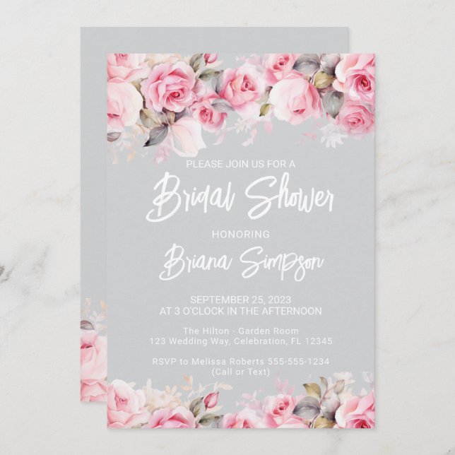 Convite Rose Pink Floral Gray Bridal Shower  (Frente/Verso)