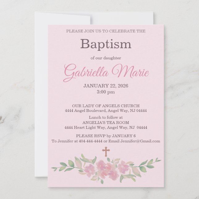 Convite Rose Pink Floral Watercolor Cross Baptism (Frente)