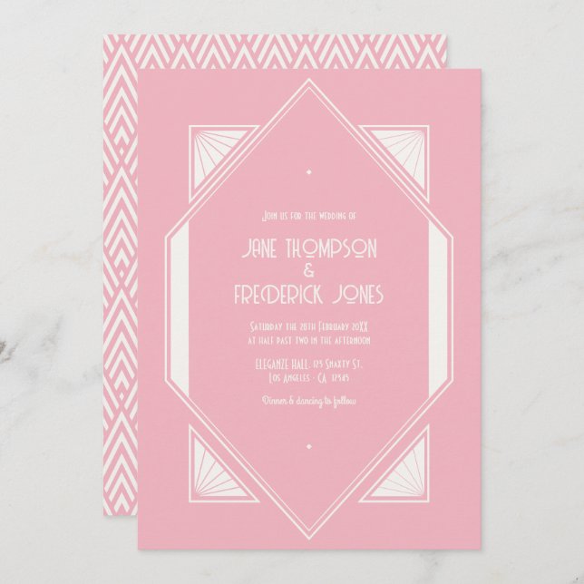 Convite Rose Quartz & Soft Ivory Art Deco Wedding Photo (Frente/Verso)