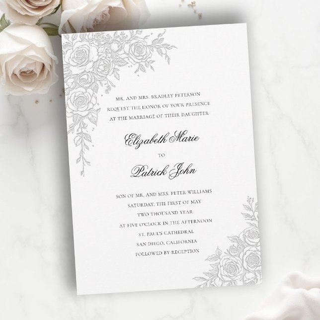 Convite Rose Theme Graceful White Formal Classic Wedding (formal traditional wedding invitation roses theme floral frame modern classic luxury pure white)