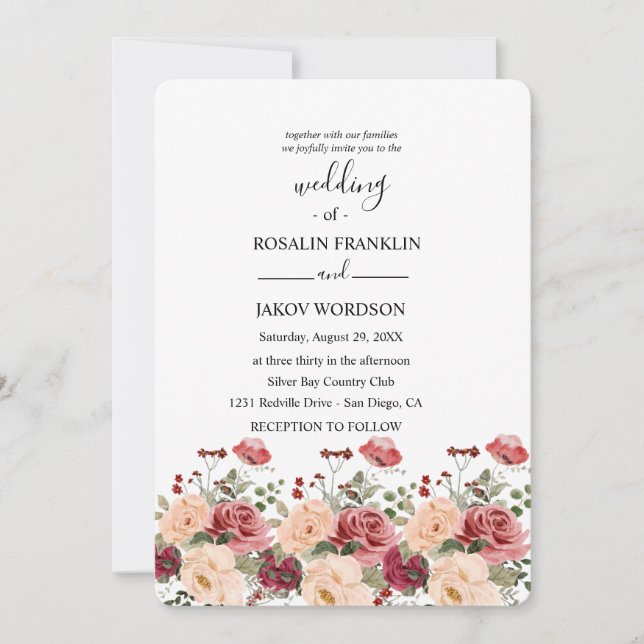 Convite rose watercolor wedding Invitation (Frente)