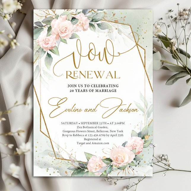 Convite Roseiras rosadas escamosas elegantes e renovação d (Elegant pale pink delicate roses vow renewal invitation digital)