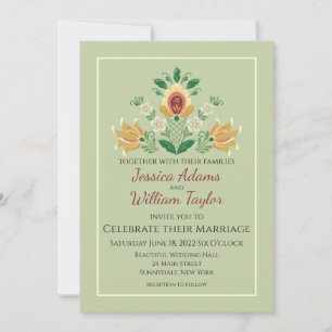 Convite Rosemaling in Green and Dourado Weding Invitation