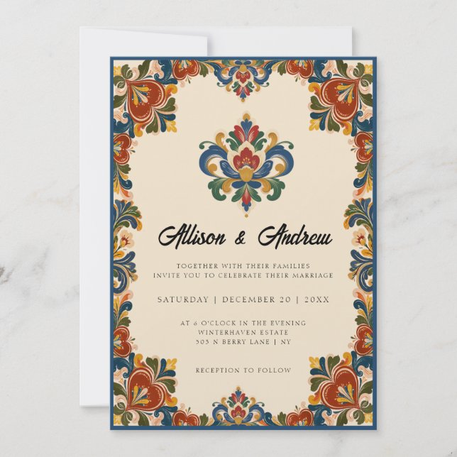 Convite Rosemaling Norueguês | Casamento (Frente)