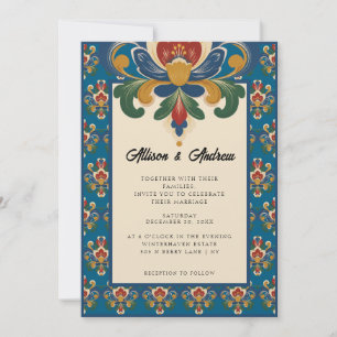 Convite Rosemaling Norueguês Casamento Azul