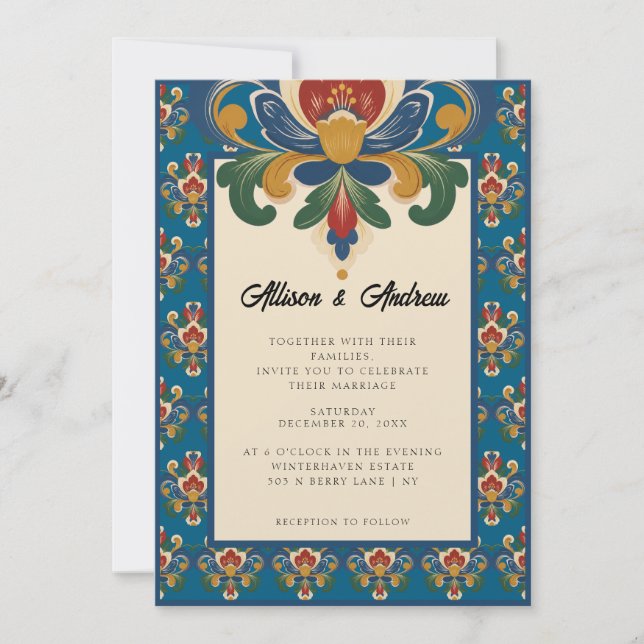 Convite Rosemaling Norueguês | Casamento Azul (Frente)