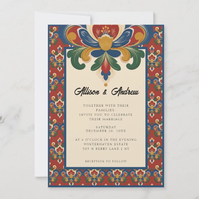 Convite Rosemaling Norueguês | Casamento Vermelho (Frente)