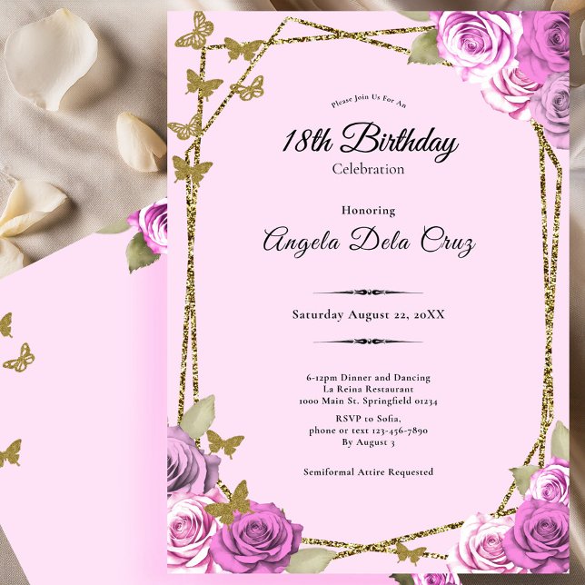 Convite Roses and Butterflies Pink 18th Debut Birthday (Criador carregado)