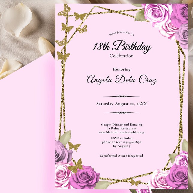Convite Roses and Butterflies Pink 18th Debut Birthday (Criador carregado)