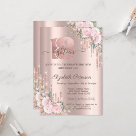 Convite Roses Brilho Gotas Rosa Dourado Aniversário de 18 