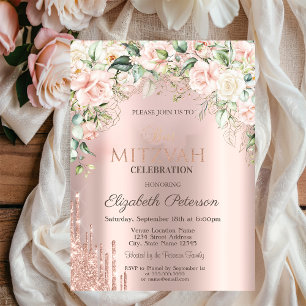Convite Roses Brilho Gotas Rosa Dourado Bat Mitzvah