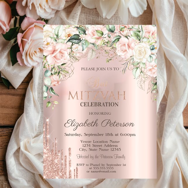 Convite Roses Brilho Gotas Rosa Dourado Bat Mitzvah (Criador carregado)