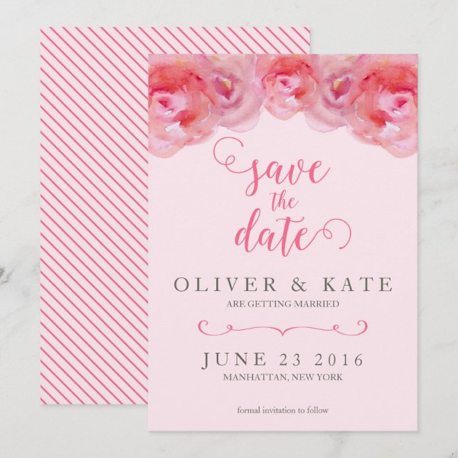 Convite Roses de Aguarela Rosa Save the Date (Frente/Verso)