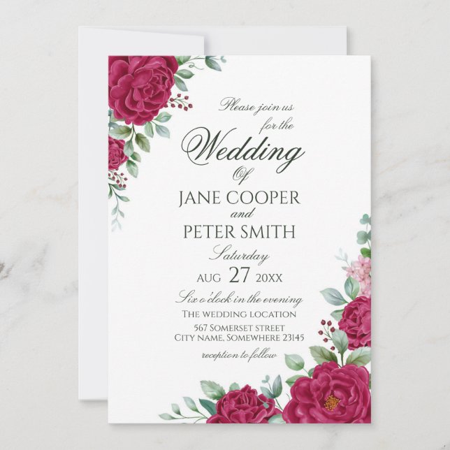 Convite Roses floral Budget Wedding Invitation (Frente)