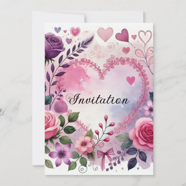 Convite Roses hearts Valentine floral pastel watercolor (Frente)
