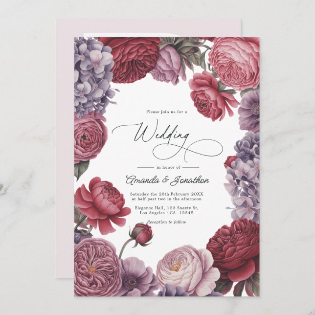 Convite Rosewood and Dusty Lavender Floral Wedding Photo (Frente/Verso)