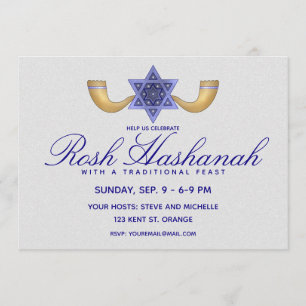 Convite Rosh Hashanah Blue Star de David e Shofars Dourado