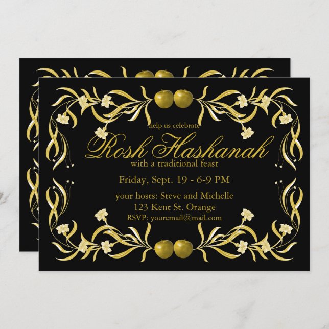 Convite Rosh Hashanah Flower and Apples Flourar (Frente/Verso)