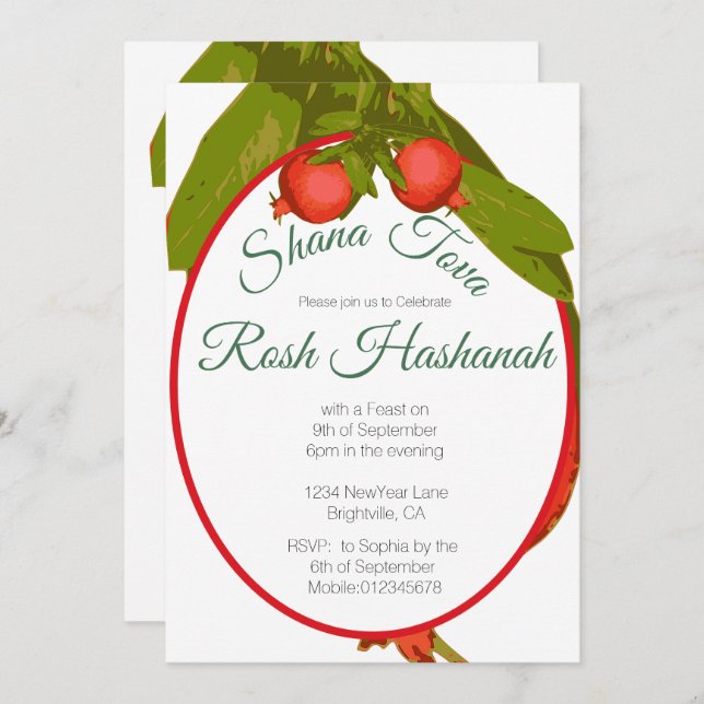 Convite Rosh Hashanah Jewish New Year Pomegranate (Frente/Verso)