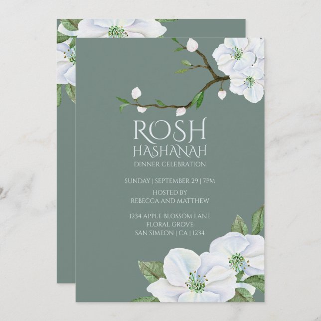 Convite Rosh Hashanah White Apple Blossom (Frente/Verso)