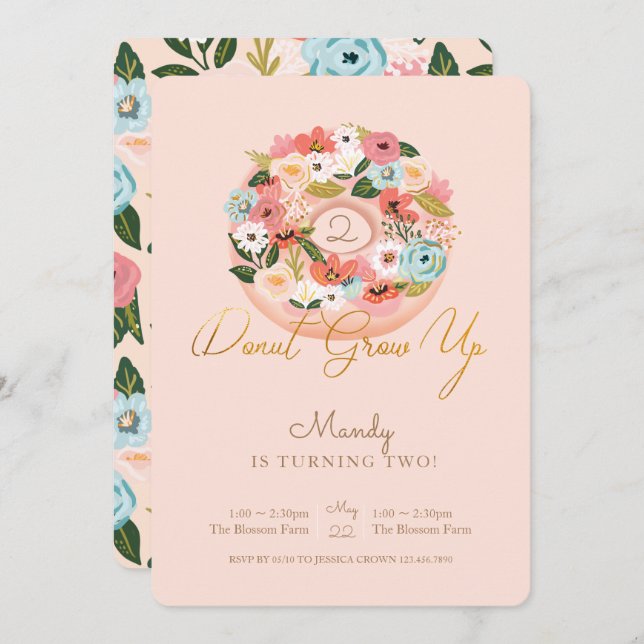 Convite Rosquinha Cresce Floral Brilhante Rosquinha Aniver (Frente/Verso)