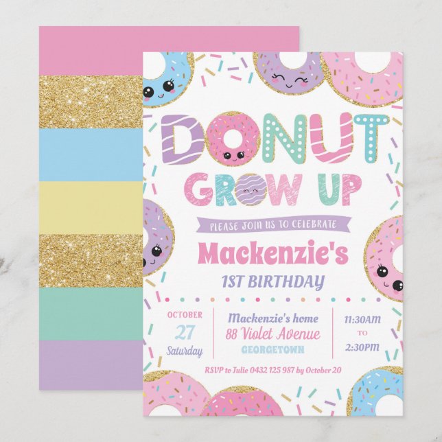Convite Rosquinha Cresce Kawaii Aniversários Rapariga (Frente/Verso)
