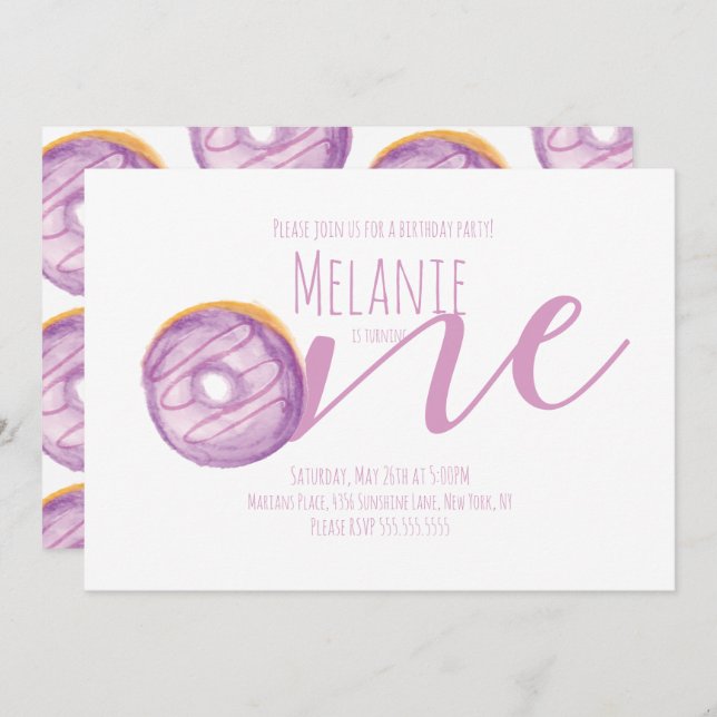 Convite Rosquinha de Aquarela Primeiro Aniversário Púrpura (Frente/Verso)