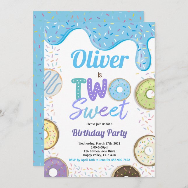 Convite Rosquinha Dois Doce segundo aniversário Festa Azul (Frente/Verso)