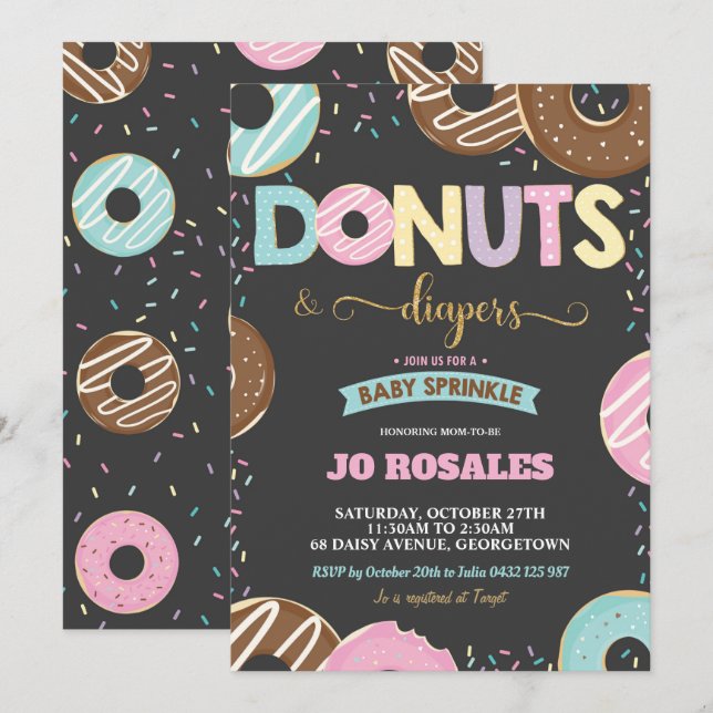 Convite Rosquinha e Fralda Chá de fraldas Sprinkle Doughnu (Frente/Verso)