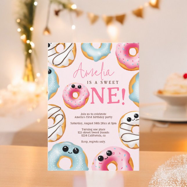 Convite Rosquinha Rosa Adorável, Doce e Bonitinha (Pink Adorable Sweet One cute donuts 1st birthday Invitation)