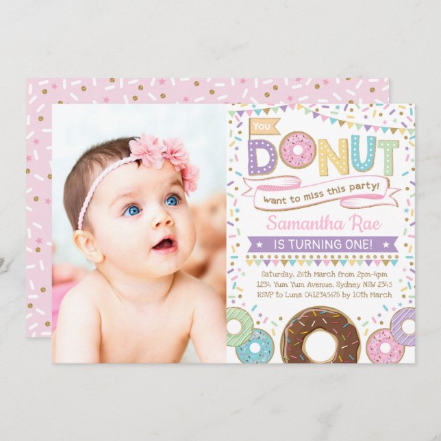 Convite Rosquinha Sprinkles Birthday Doughnut Party Invite (Frente/Verso)