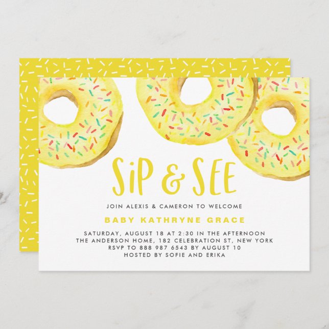 Convite Rosquinhas amarelas Sprinkles Chá de fraldas Sip e (Frente/Verso)
