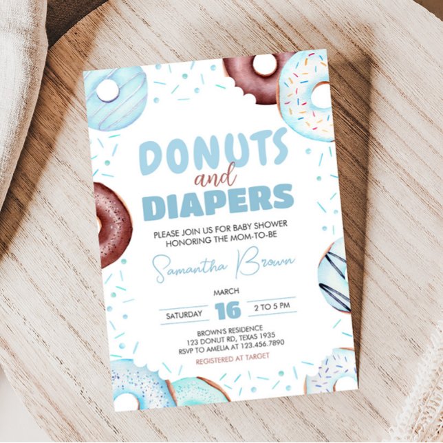 Convite Rosquinhas azuis e Chá de fraldas Fralda (Donuts and Diapers Baby Shower Invitation)