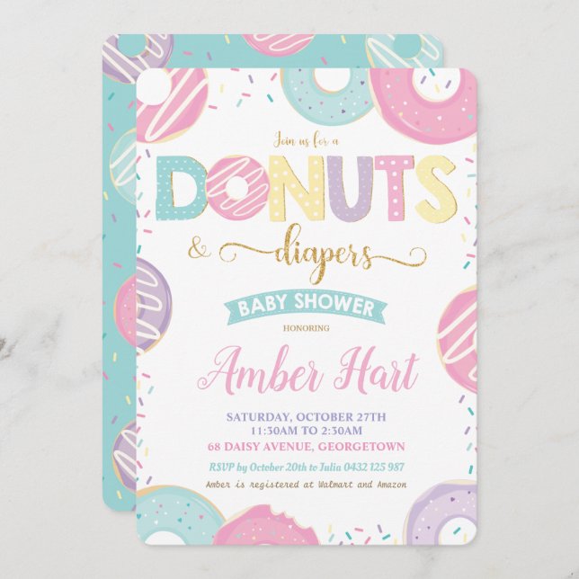 Convite Rosquinhas e Fraldas Dourada Garota (Frente/Verso)