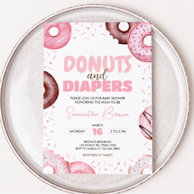 Convite Rosquinhas rosa e Chá de fraldas Fralda (Pink Sweet Sprinkle Baby Shower Invitation)