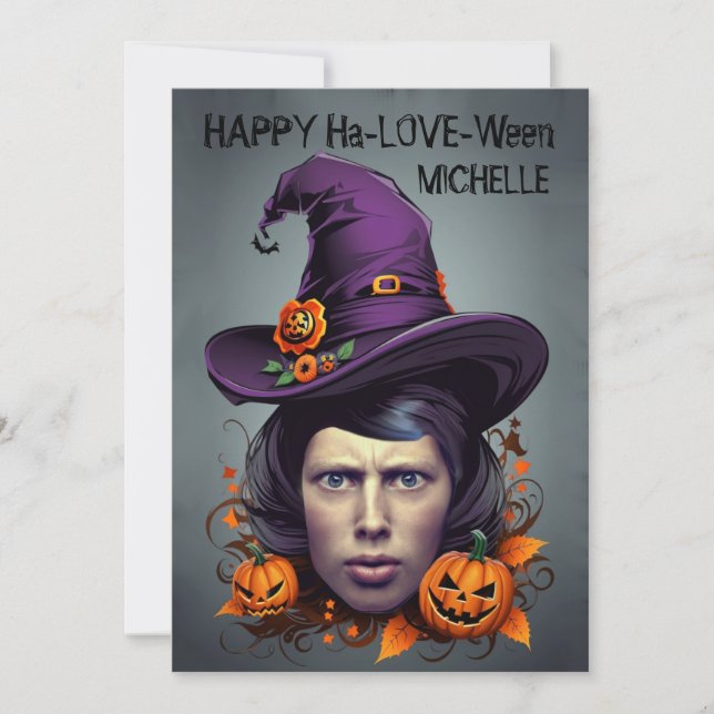 Convite Rosto de bruxa do Halloween em saudações furtivas (Frente)