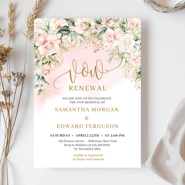 Convite Rosto de tendências rosas rosa suave e renovação d (Ethereal bohemian pink roses sage eucalyptus and gold vow renewal invitation )