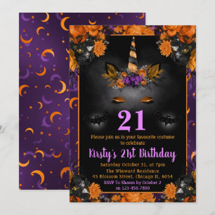 Convite Rosto de Unicórnio Floral de Halloween Aniversário
