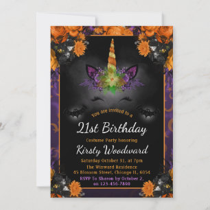 Convite Rosto de Unicórnio Floral de Halloween Aniversário
