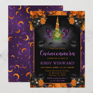 Convite Rosto de Unicórnio Floral de Halloween Quinceanera
