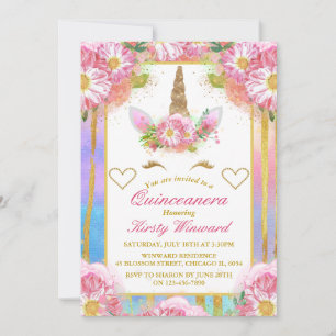 Convite Rosto de Unicórnio Rosa Dourado Quinceañera