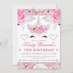 Convite Rosto de Unicórnio Rosa Prata Menina Aniversário C