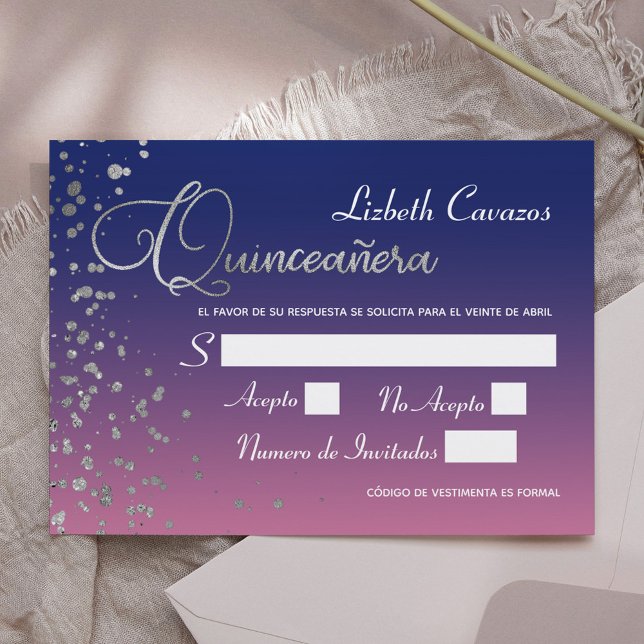 Convite Rotal Blue Purple Silver Confetti Quinceanera RSVP (Criador carregado)