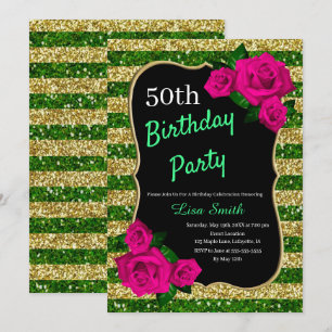 Convite Rotas Douradas Verdes de Aniversário Glitter Rosas