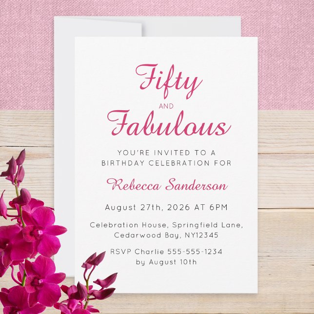 Convite Roteiro Cinquenta e Fabuloso Rosa Aniversário de 5 (A stylish "Fifty and Fabulous" birthday invitation with elegant pink and black typography)