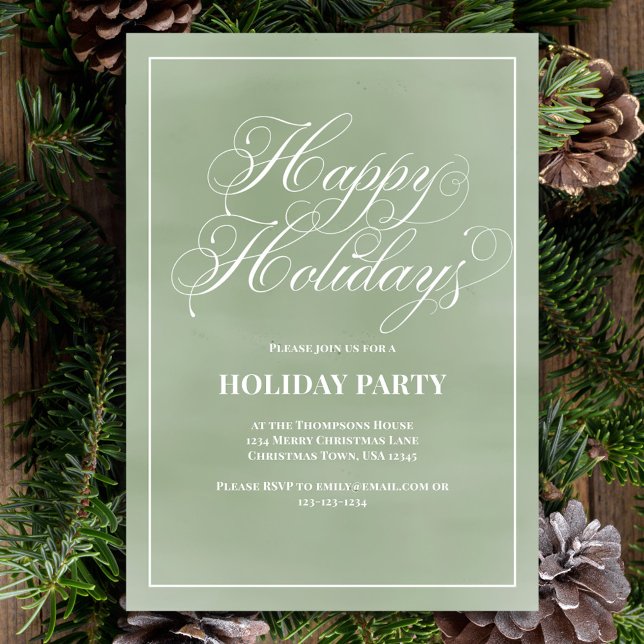 Convite Roteiro de Caligrafia Verde do Partido Feliz Feria (Holiday party custom invitation card with calligraphy script. )