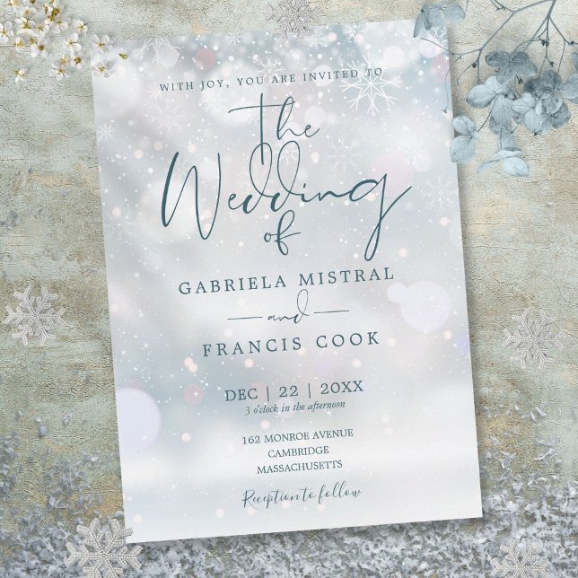 Convite Roteiro de Casamento de Inverno Flocos de Neve (Winter Wonderland Script Snowflakes Wedding Invitation)