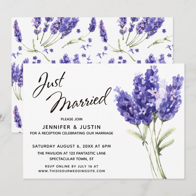 Convite Roteiro de Casamento, Flores de Lavanda em Aquarel (Frente/Verso)