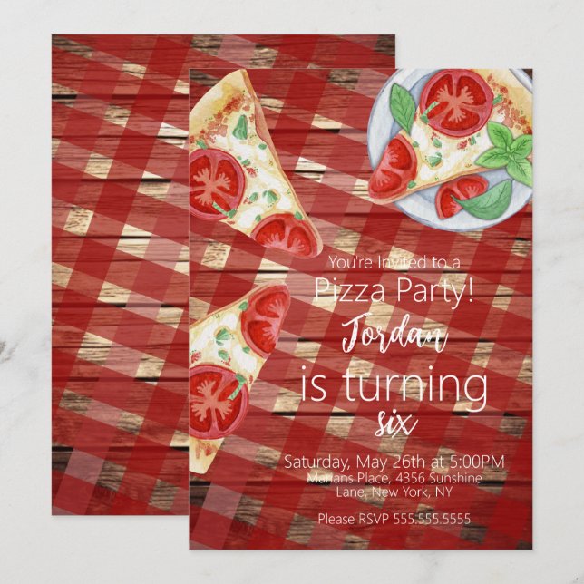 Convite Roteiro de festa de aniversário com fatias de pizz (Frente/Verso)
